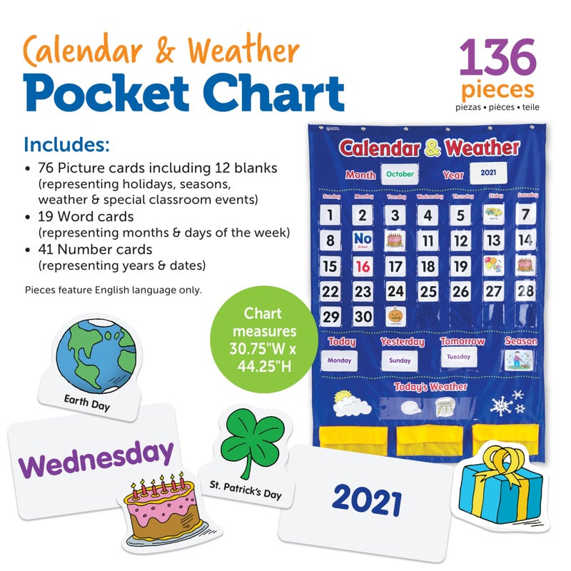 Learning Resources Calendar & Weather Pocket Chart - Classroom Must Haves, Teacher Supplies, Back To School, Daily Routine For Kids, Kindergarten and Homeschool Essentials, Vocabulary Flash Cards - Image 5